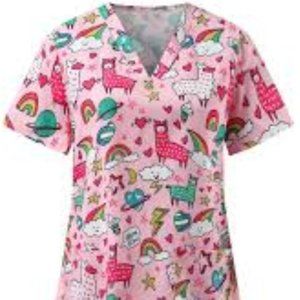 V-neck Nursing Medical Scrub Top w/ Pockets RAINBOW LLAMA Theme Sz Large